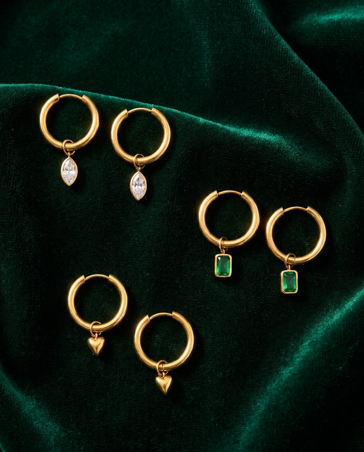 Collection de boucles d'oreilles à breloques amovibles Prysm: cœur, zircon, émeraude et perle